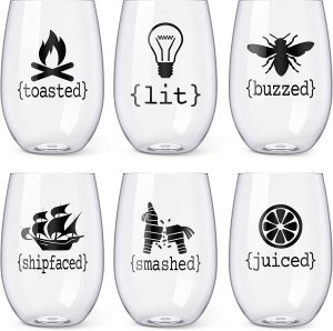 6 stemless unbreakable wine glasses with funny quotes